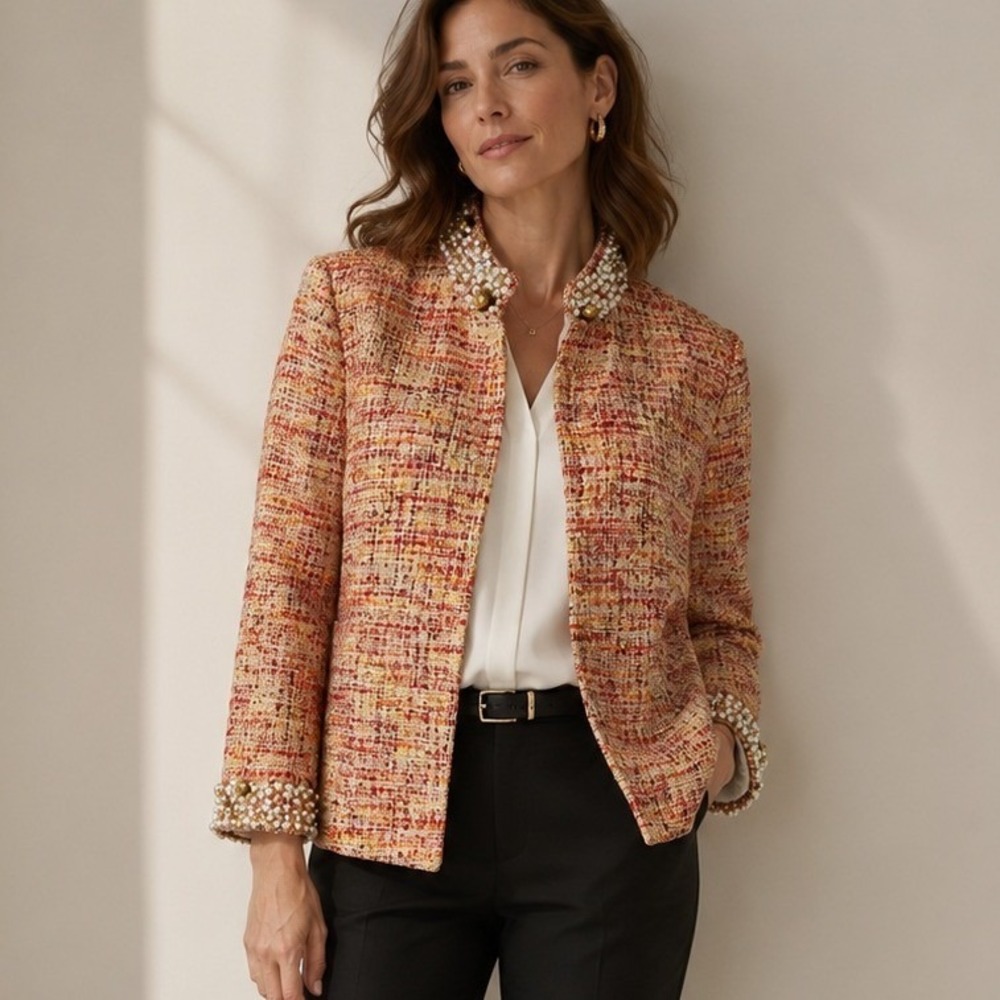 Chico's Womens Tweed Embellished Collar Jacket Orange Pink Size 1 US 8/10